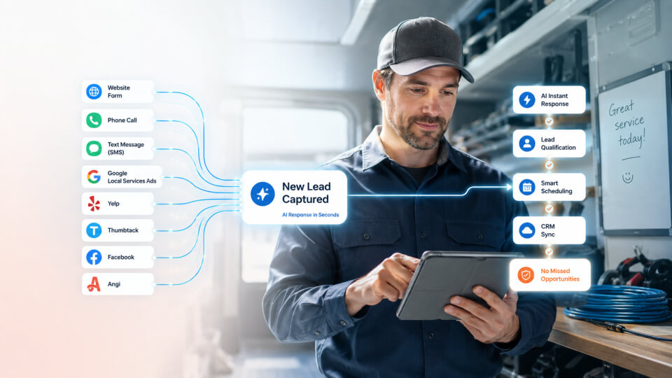 LeadTruffle AI speed-to-lead platform for home service businesses capturing website, phone, Google LSA, Yelp, Thumbtack, and Facebook leads