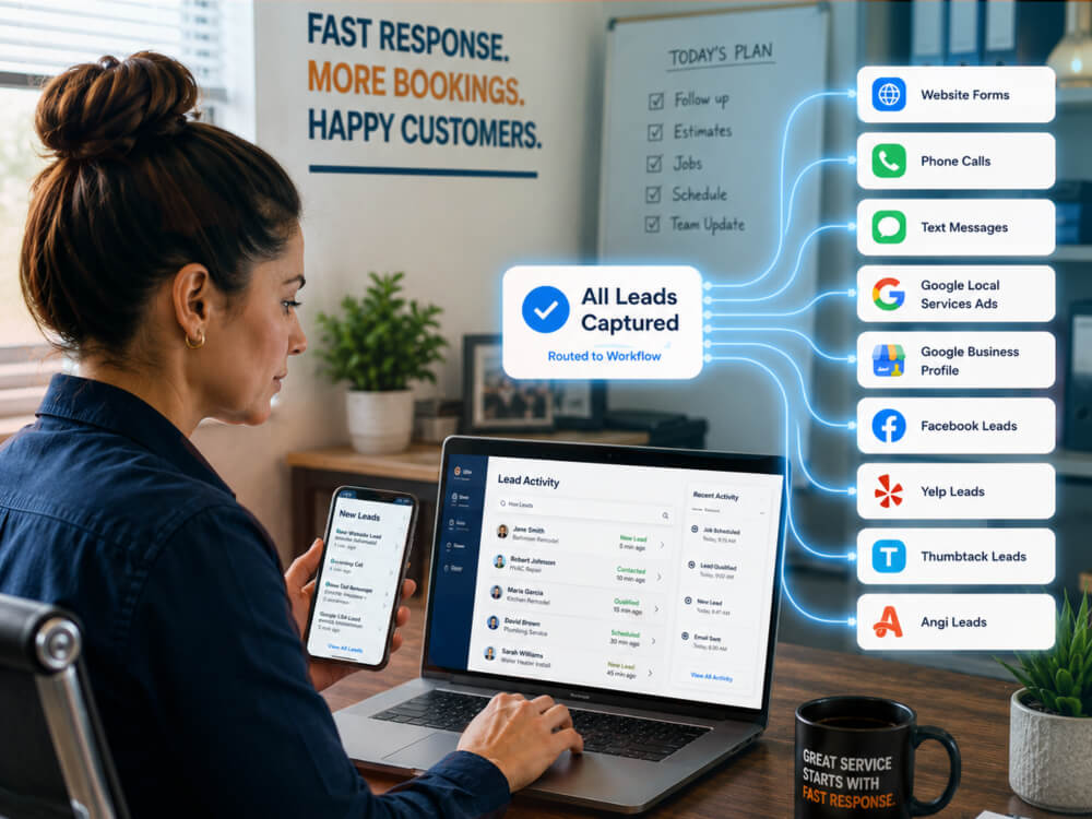 LeadTruffle workflow showing lead sources routed into AI follow-up, qualification, booking, CRM sync, and unified inbox