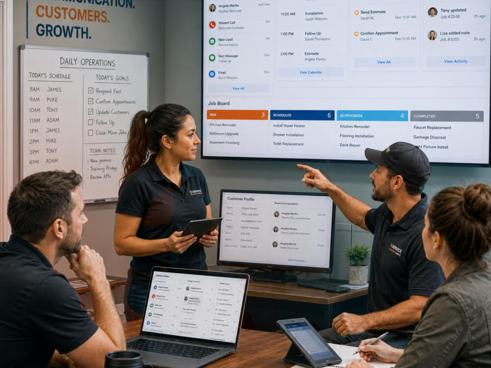 LeadTruffle unified inbox with AI conversations, qualified leads, CRM integration, and home service workflow visibility